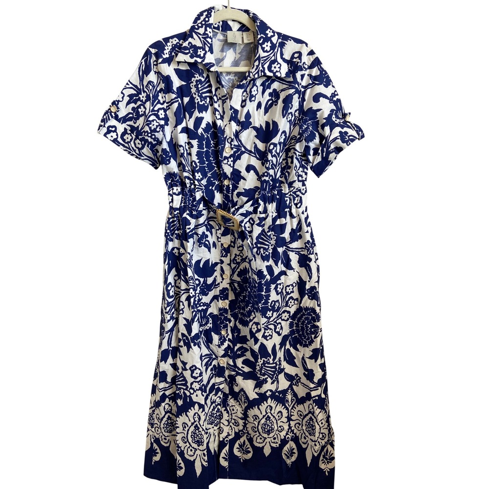 Joie Blue White Floral Cotton Midi Shirtdress Belted Straw Buckle Large